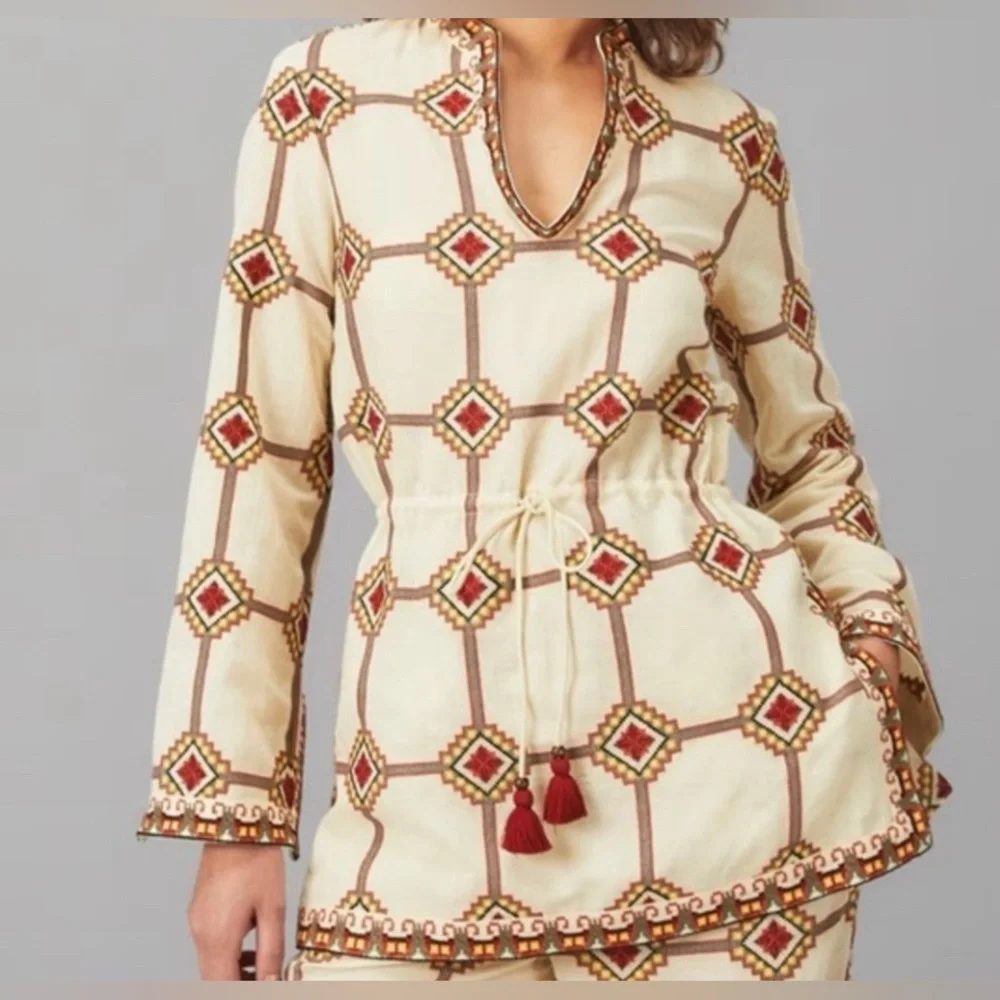 Tory Burch Embroidered‎ Linen Cotton Tunic Blouse Size 6